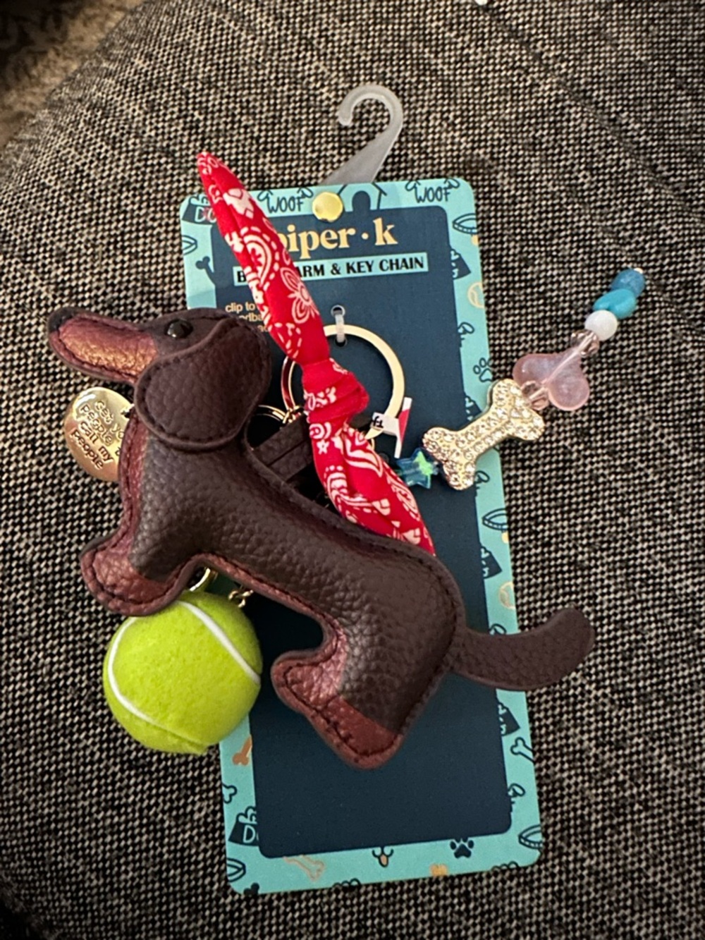Piper·k Brown Dachshund Key & Card Holder with Green Tennis Ball Charm